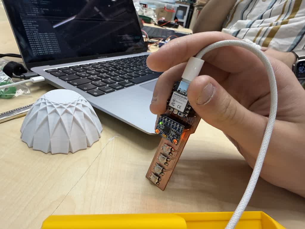 E-ink module seated in the yellow top — pre-close-up test fit