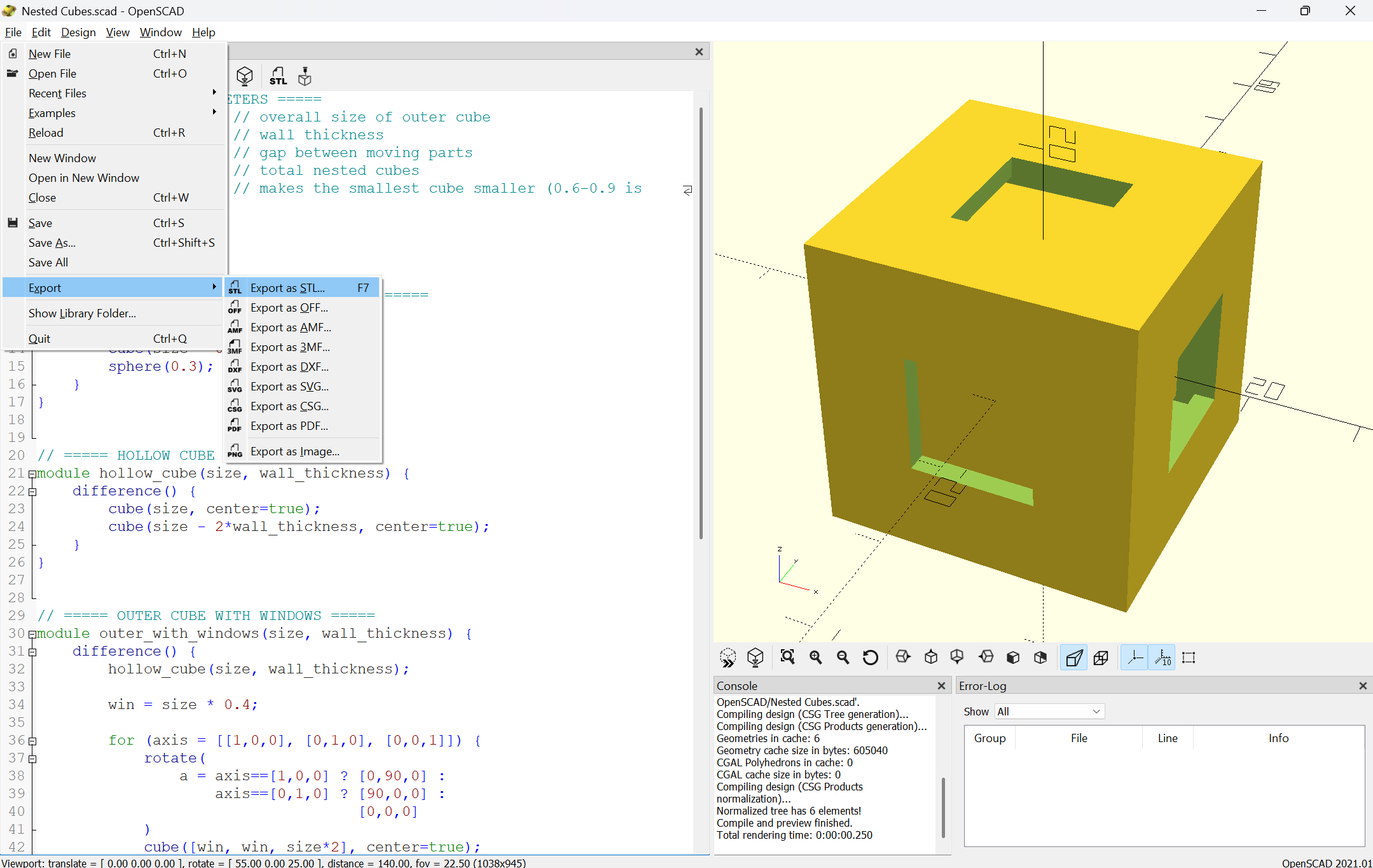 OpenSCAD Nested Cube Export