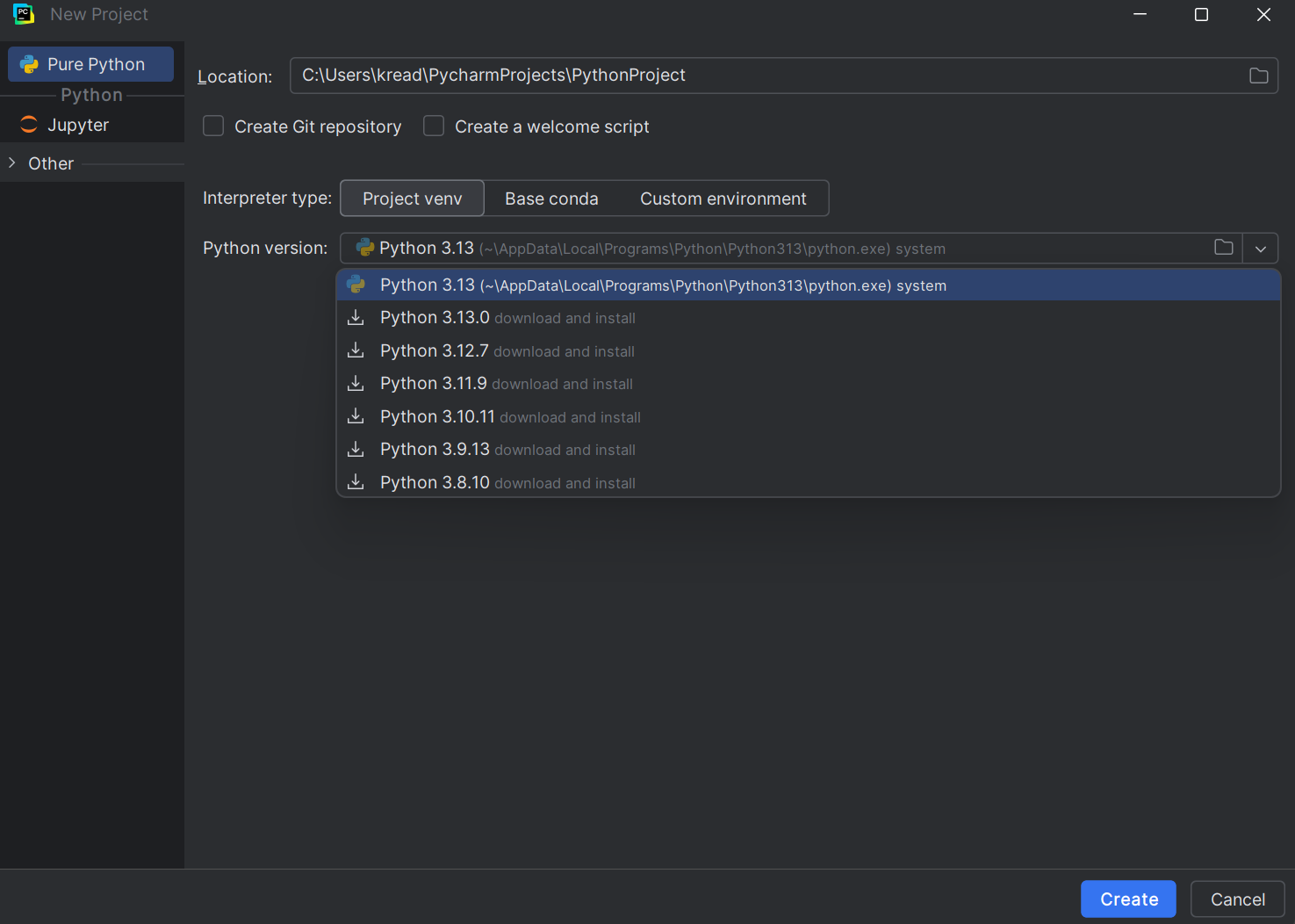 PyCharm Python Selection