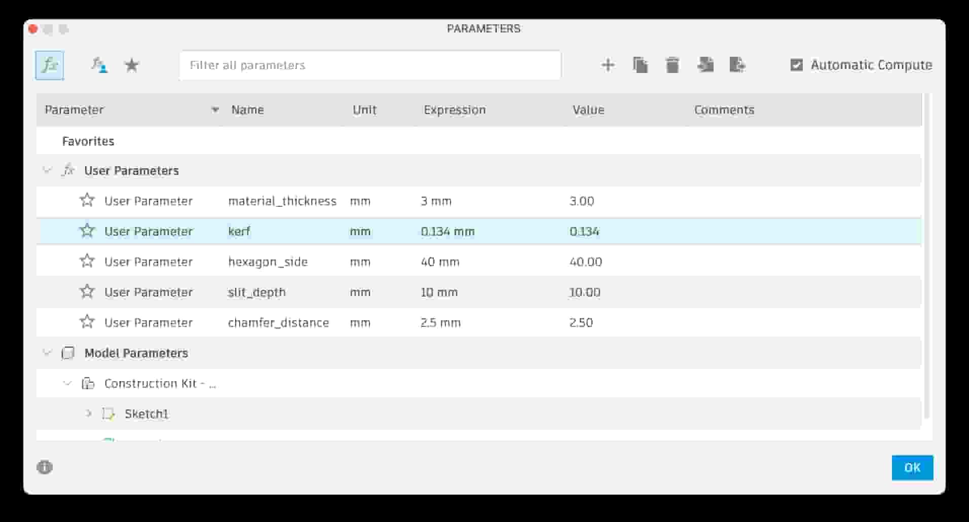 Parameters for the Hexagon Part