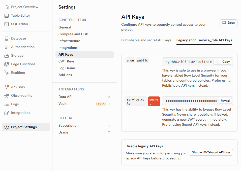 Supabase API keys