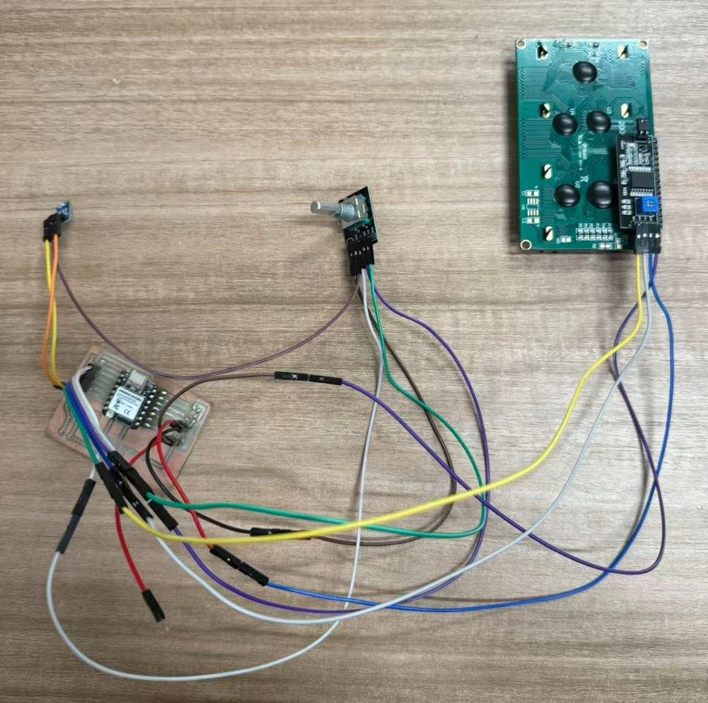 Full bench wiring with XIAO board, encoder, LCD, and regulator