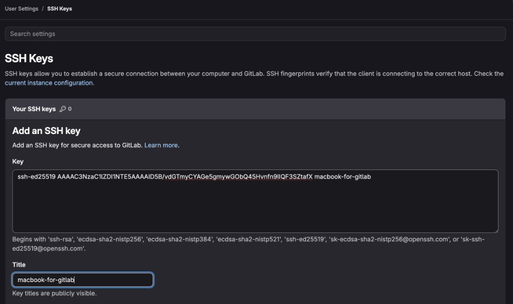 Add SSH key to GitLab user settings
