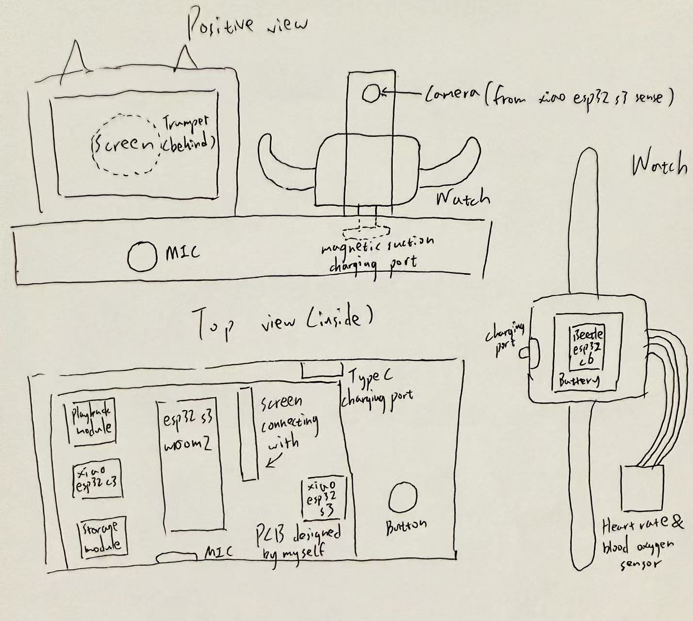 Hand sketch of Brain Fog Insight Companion system layout