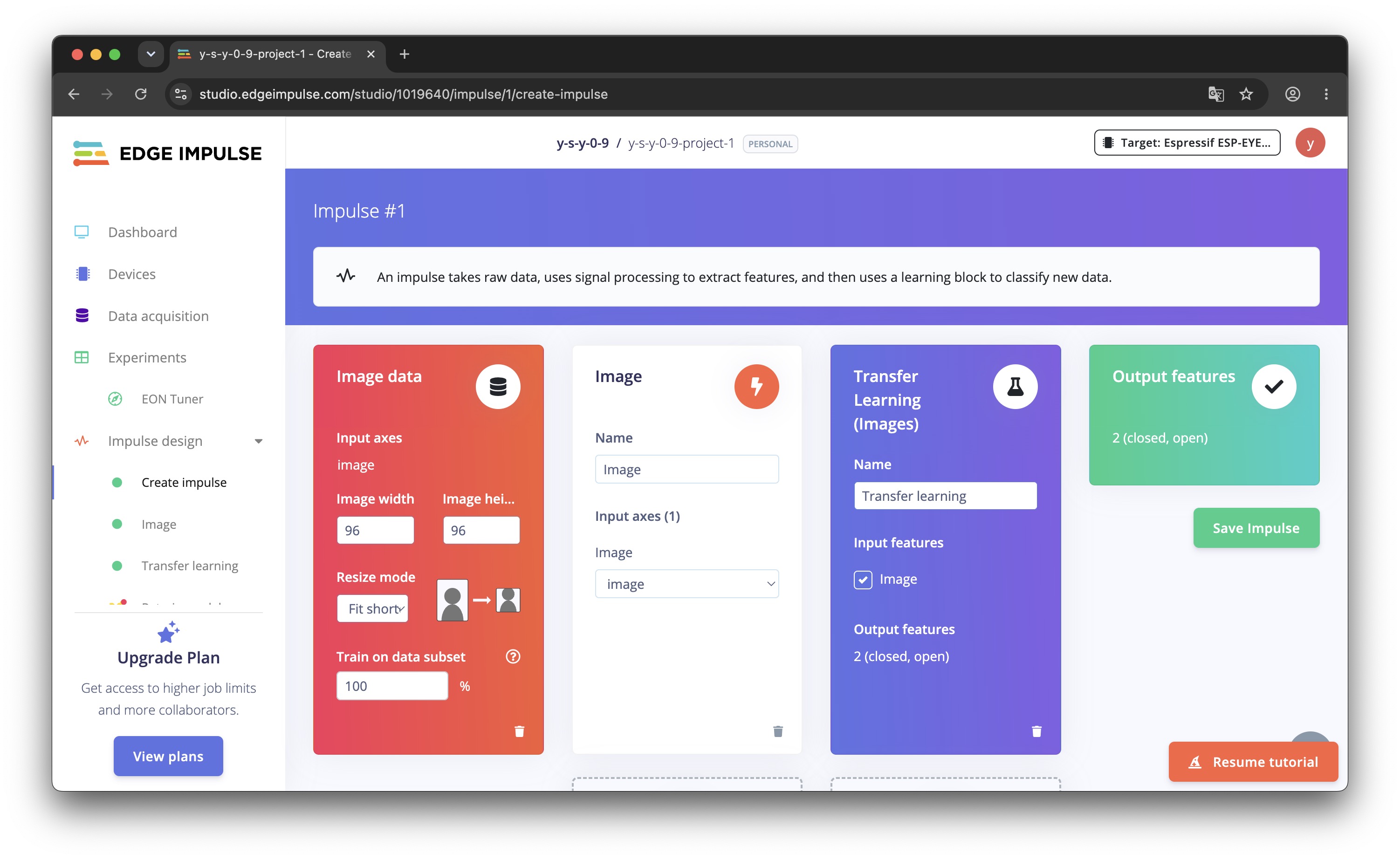 Edge Impulse impulse design with image input and transfer learning block