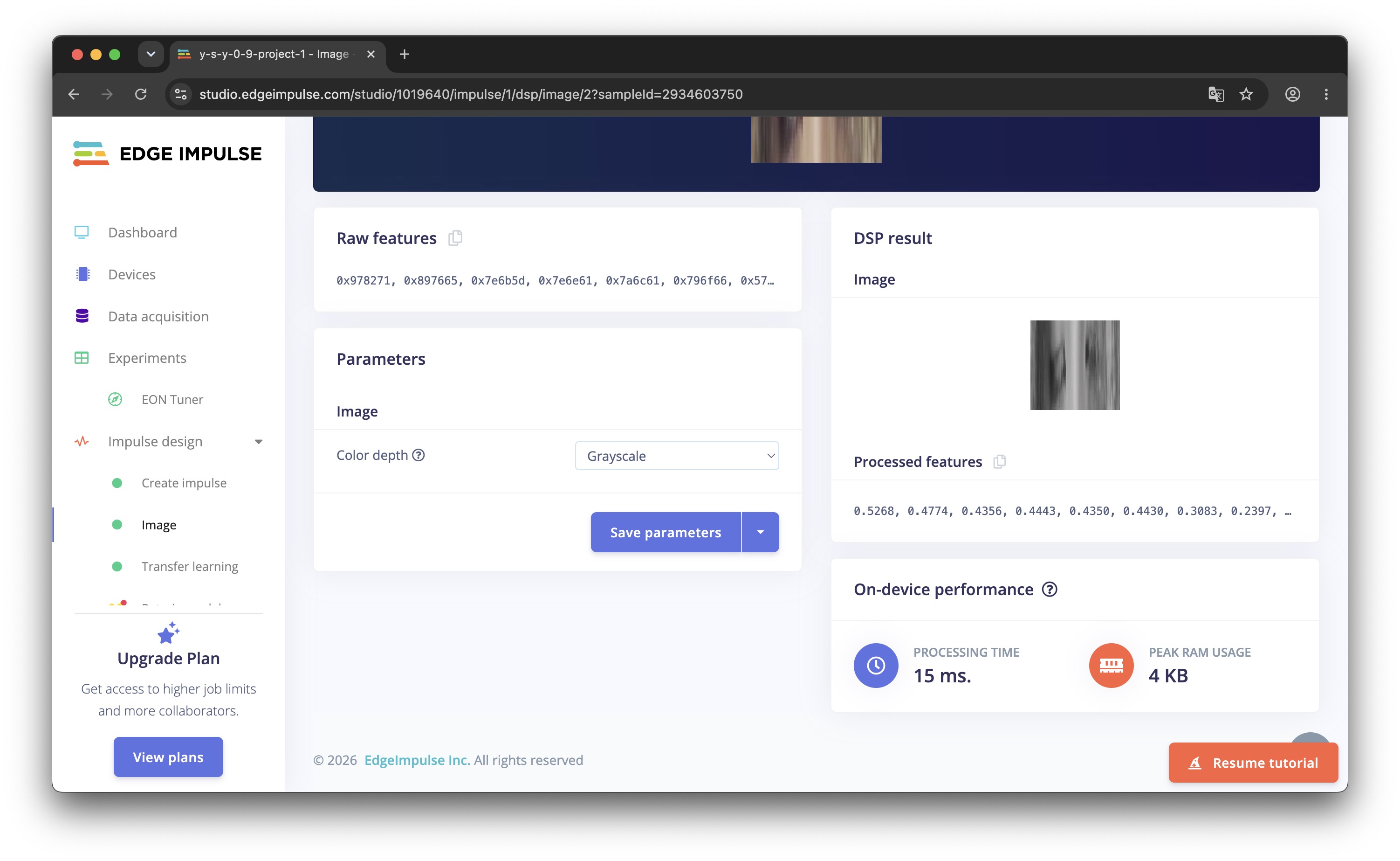 Edge Impulse grayscale image processing parameters