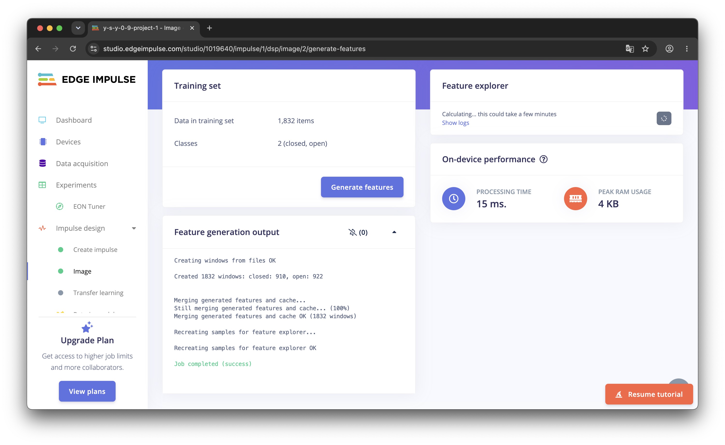 Edge Impulse feature generation output for open and closed classes