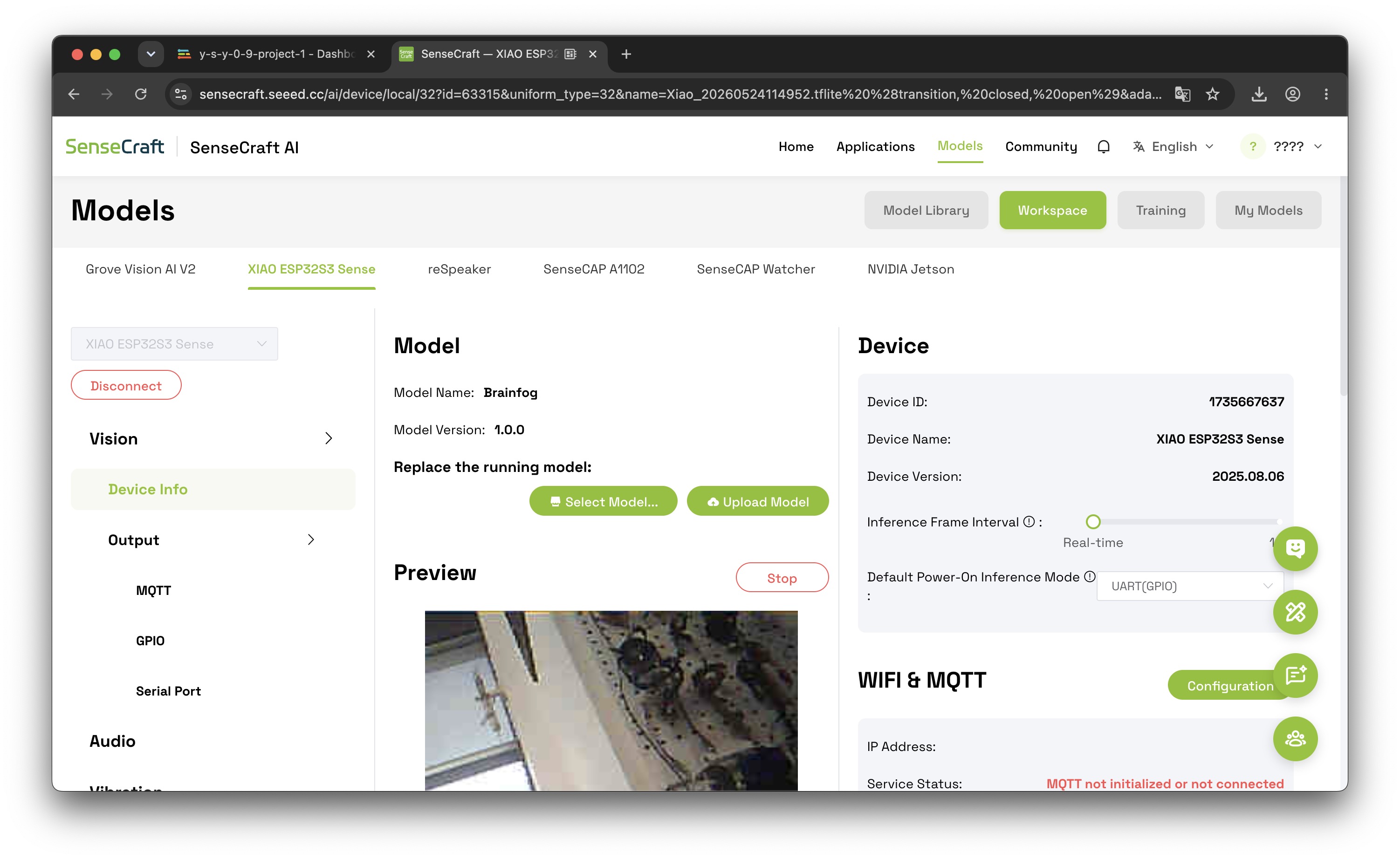 SenseCraft AI workspace with Brainfog model running on XIAO ESP32S3 Sense