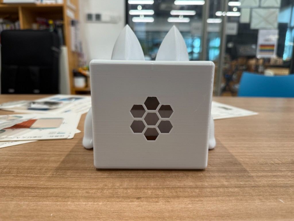 Physical back view of version 2 print showing honeycomb speaker grille