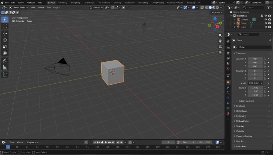 Initial Blender interface with default scene