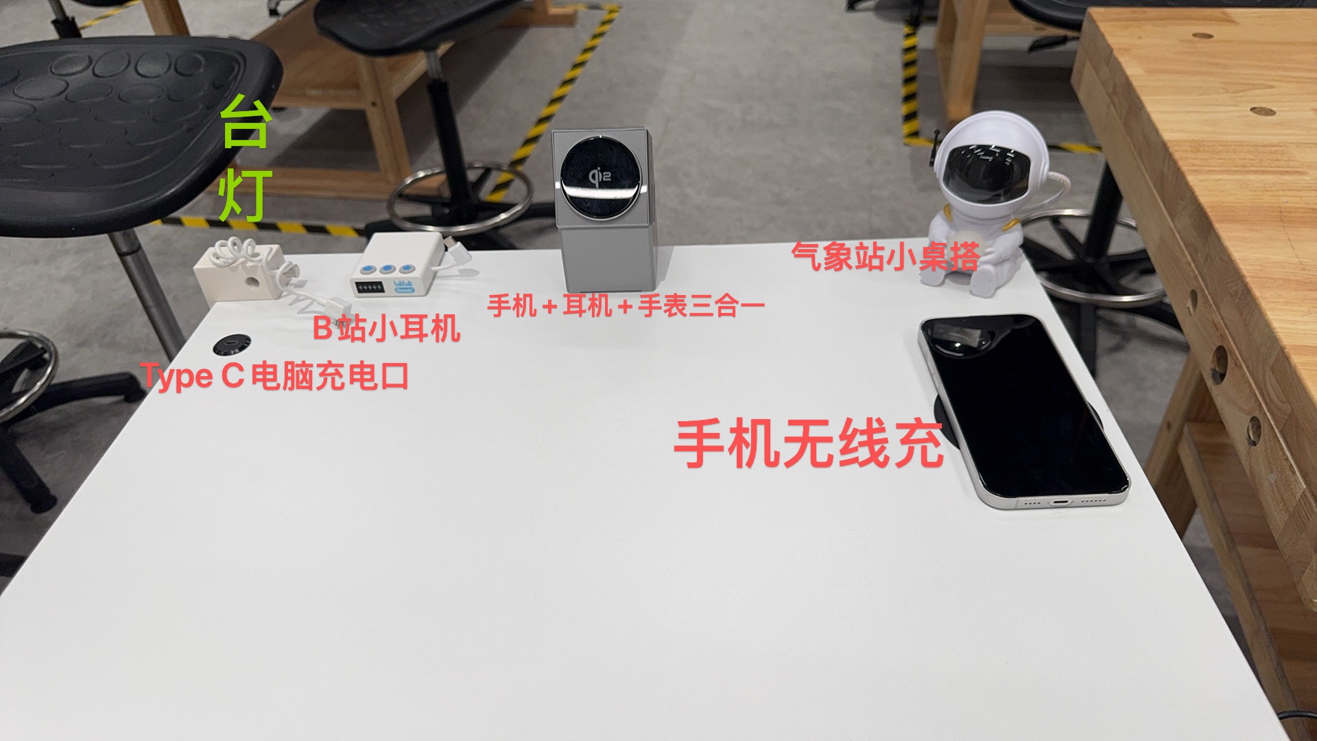 Annotated top-down view of the multi-function desk showing all features