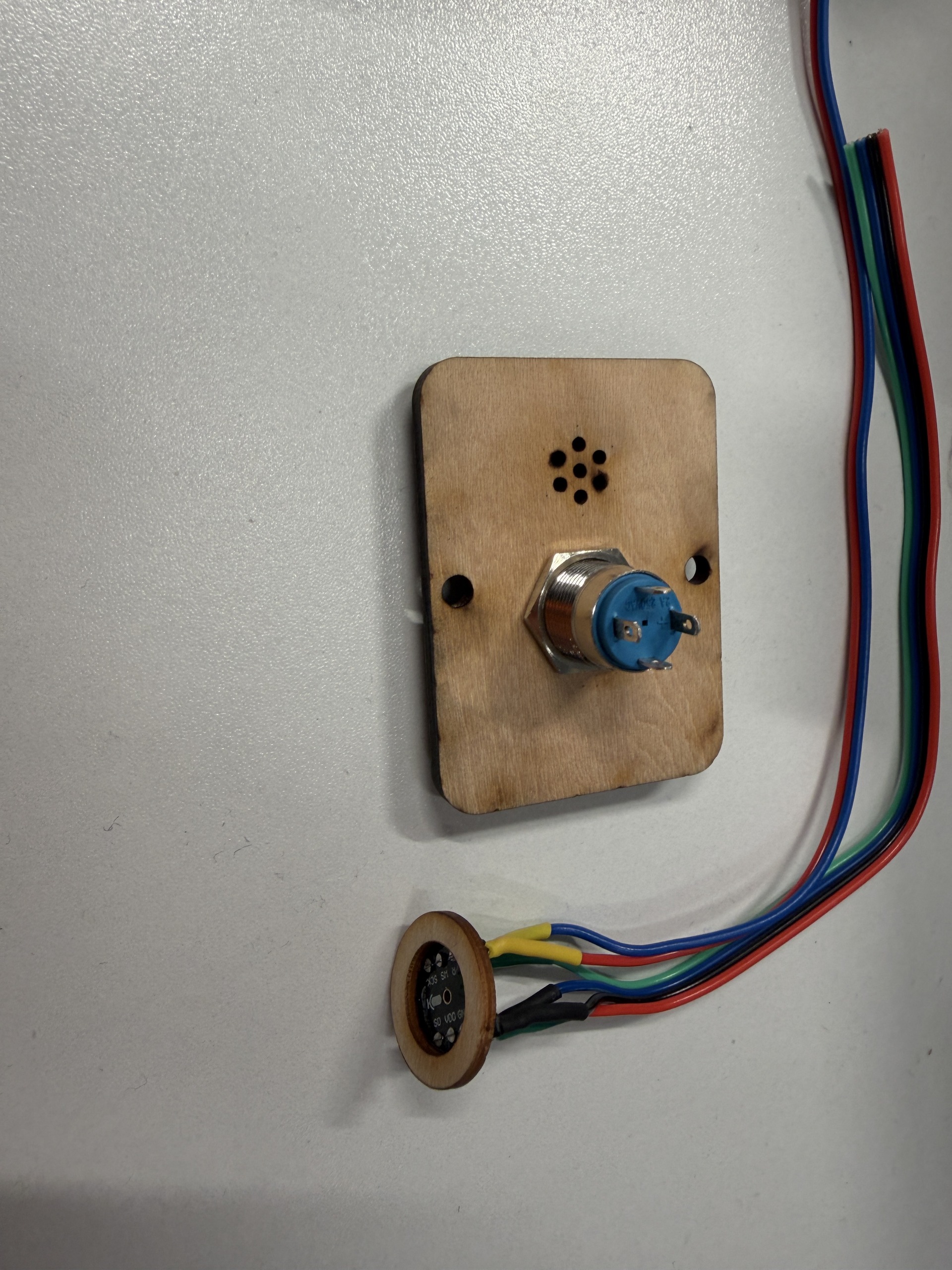 Laser-cut front panel with microphone hole, wake button, and LED ring aperture