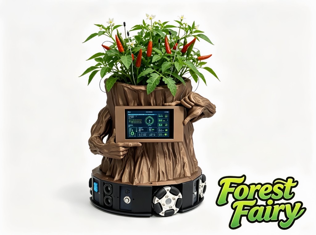 CAD render preview of Forest Fairy with a chili pepper plant and on-device measurement status dashboard