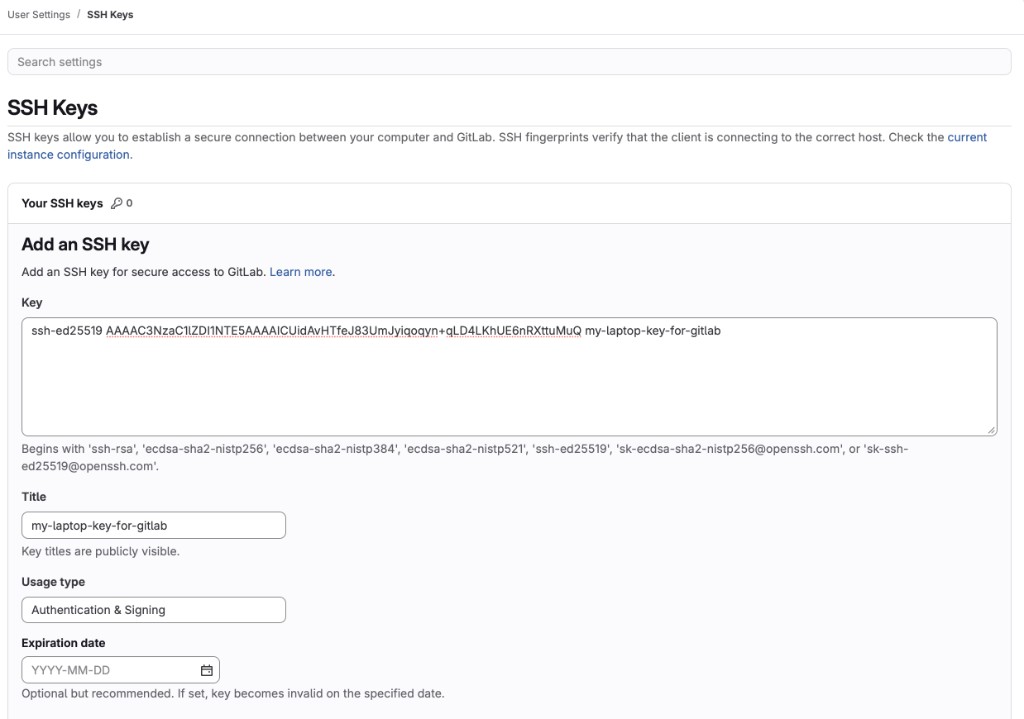GitLab Add SSH key form filled in