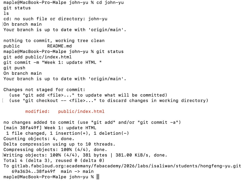 Terminal: git add commit push for index.html