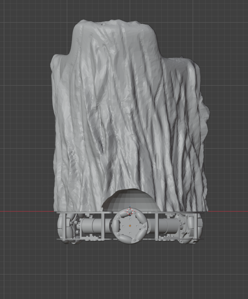 Blender viewport: organic root planter merged with omni-wheel base plate
