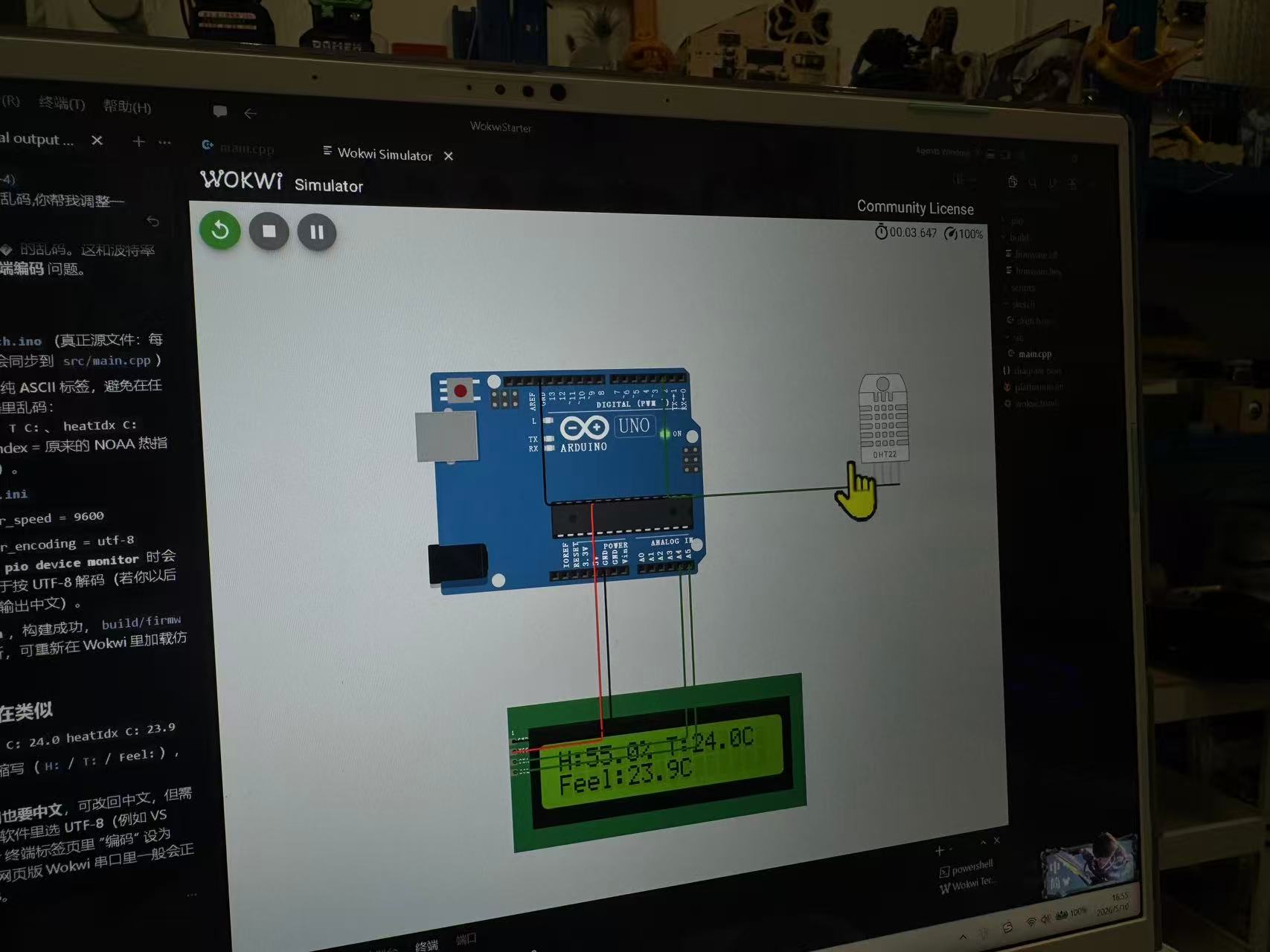 Wokwi simulation with Arduino Uno, DHT22, LCD1602 I2C module, and wiring
