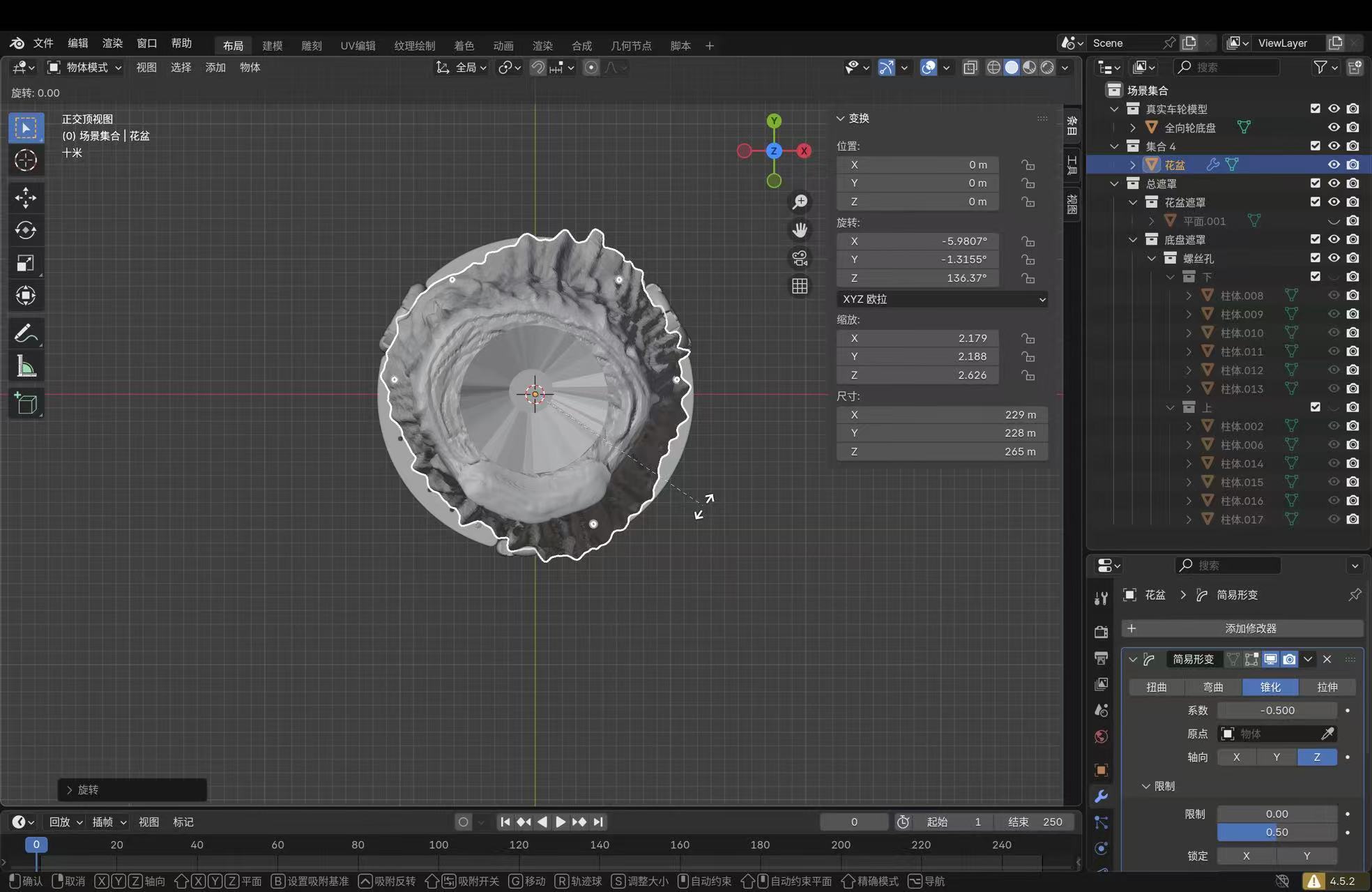 Blender top orthographic view of planter with taper modifier panel