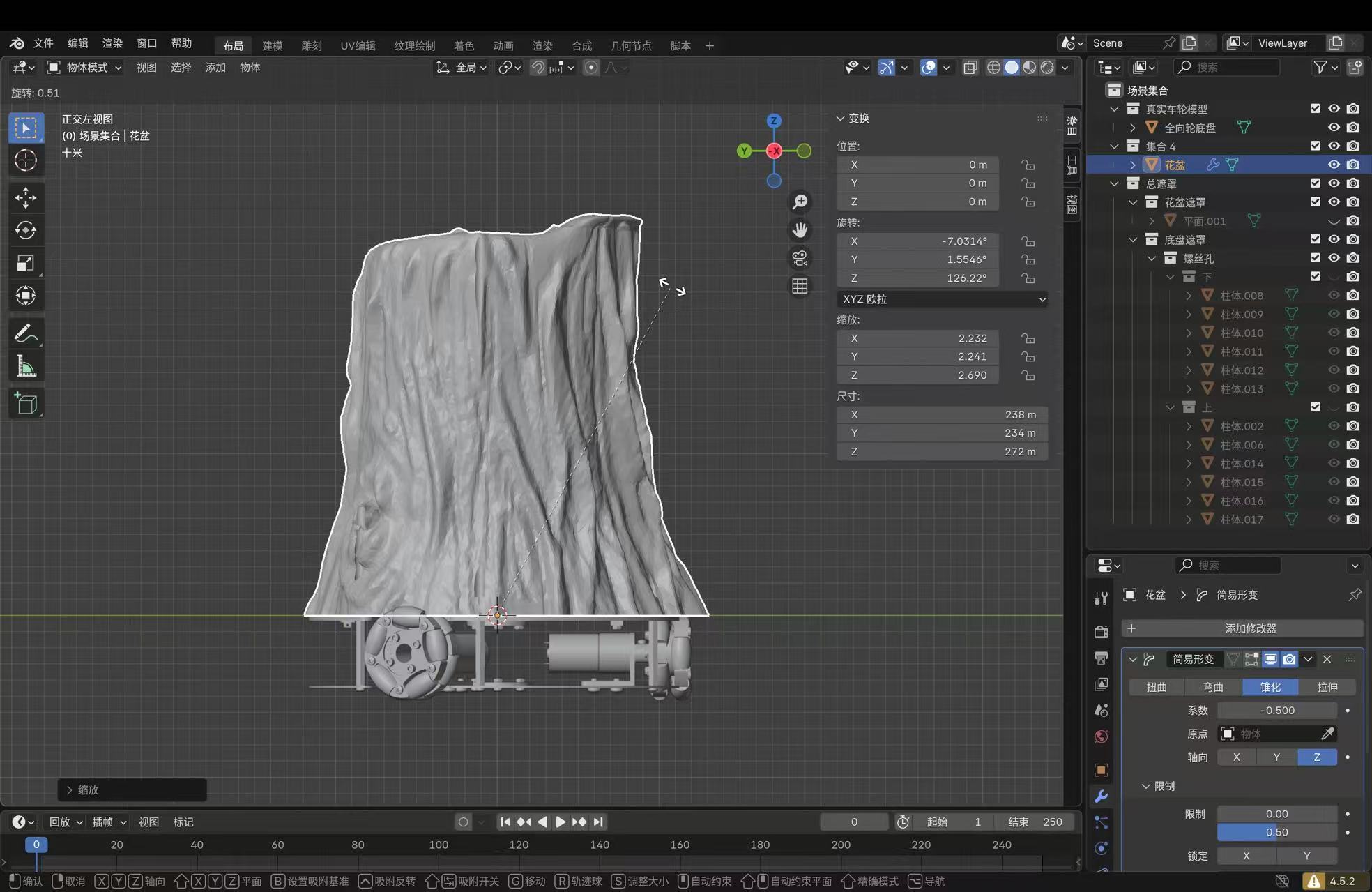 Blender left orthographic view aligning planter trunk with omni-wheel chassis