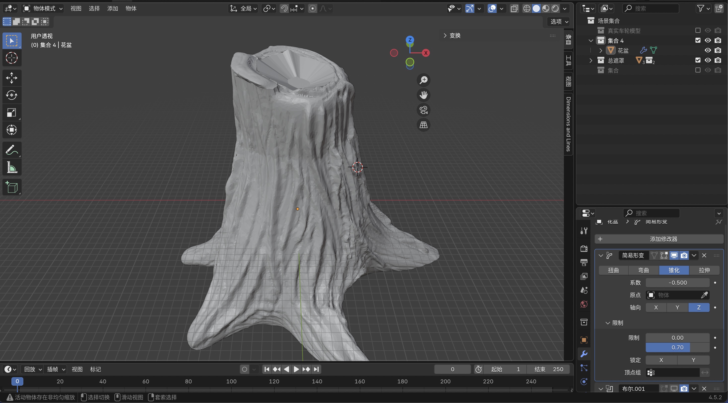 Blender viewport: taper modifier applied to trunk mesh