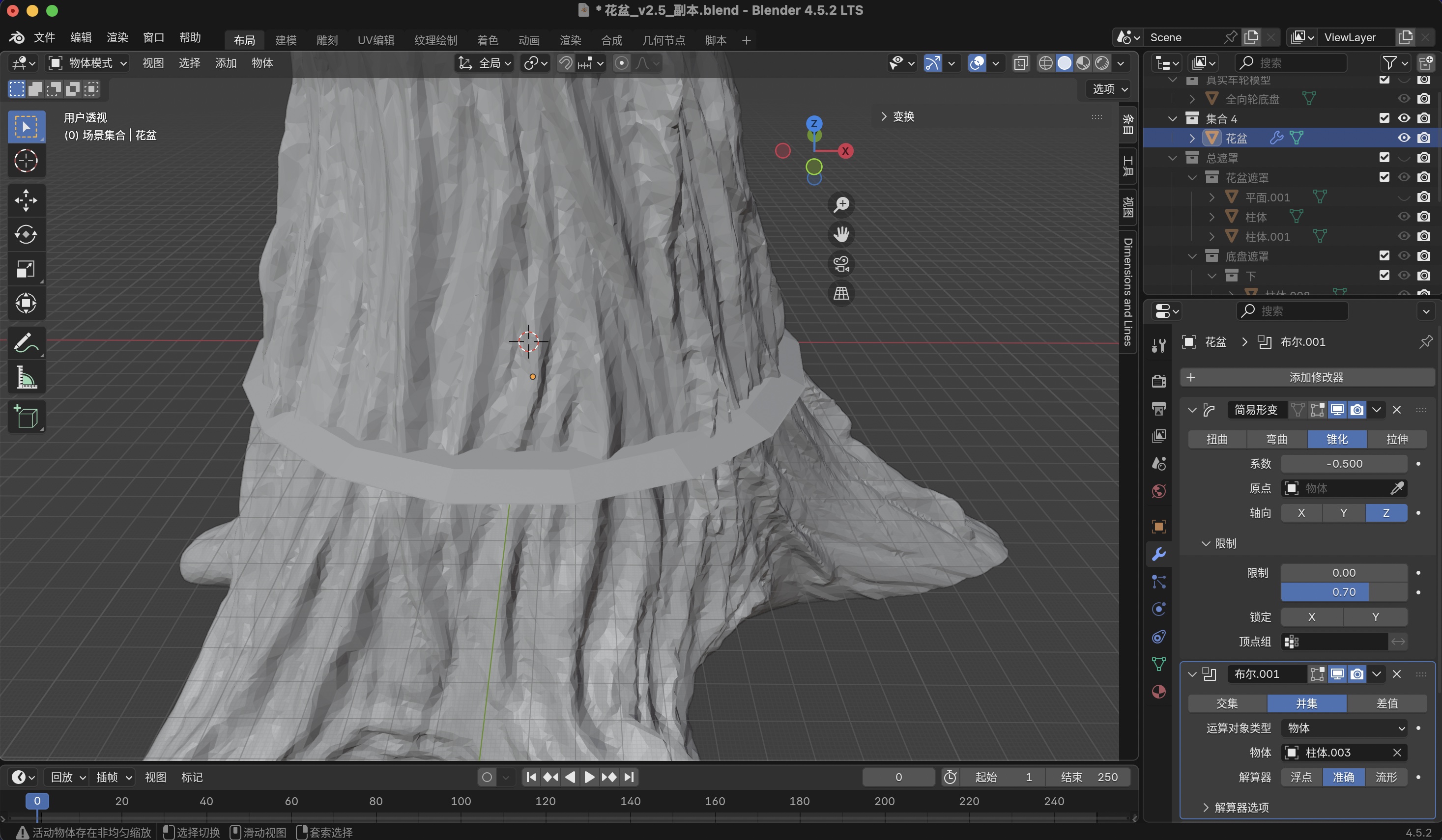 Blender viewport: boolean union result of trunk and bottom block
