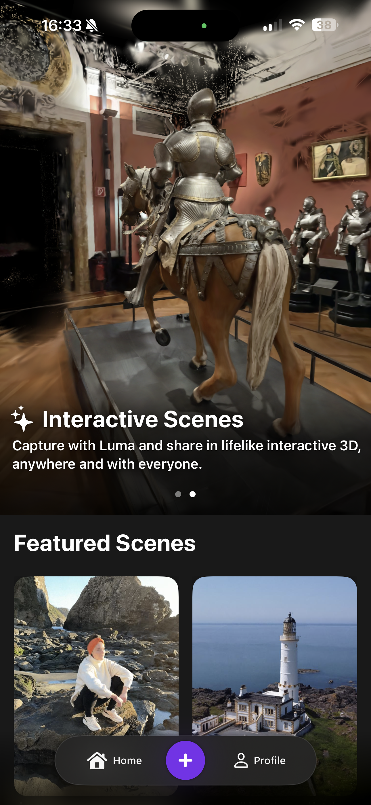 Luma 3D home screen showing interactive scenes and the plus button for starting a new capture