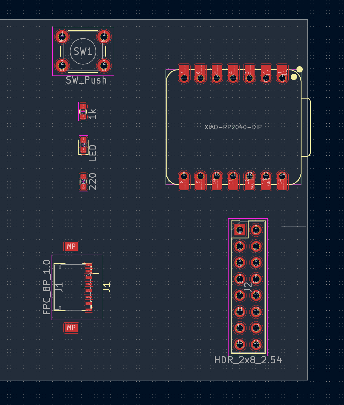 KiCad PCB editor: XIAO RP2040 carrier with FPC, switch, and passives placed