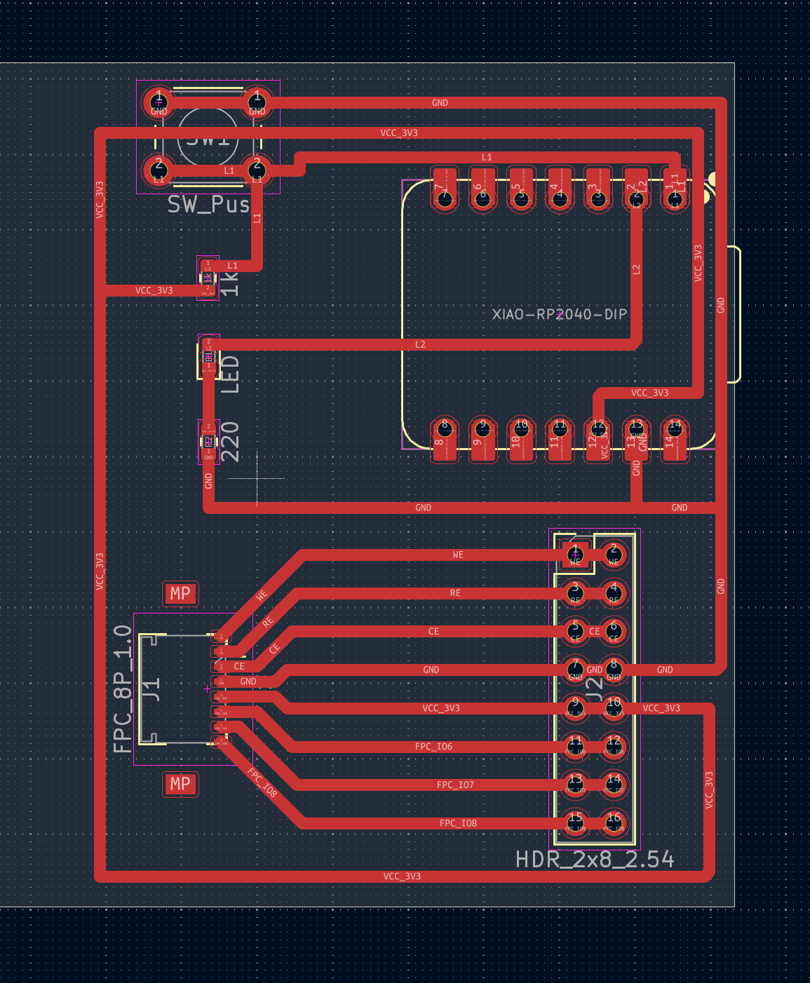 KiCad PCB: routed XIAO RP2040 carrier with FPC fanout