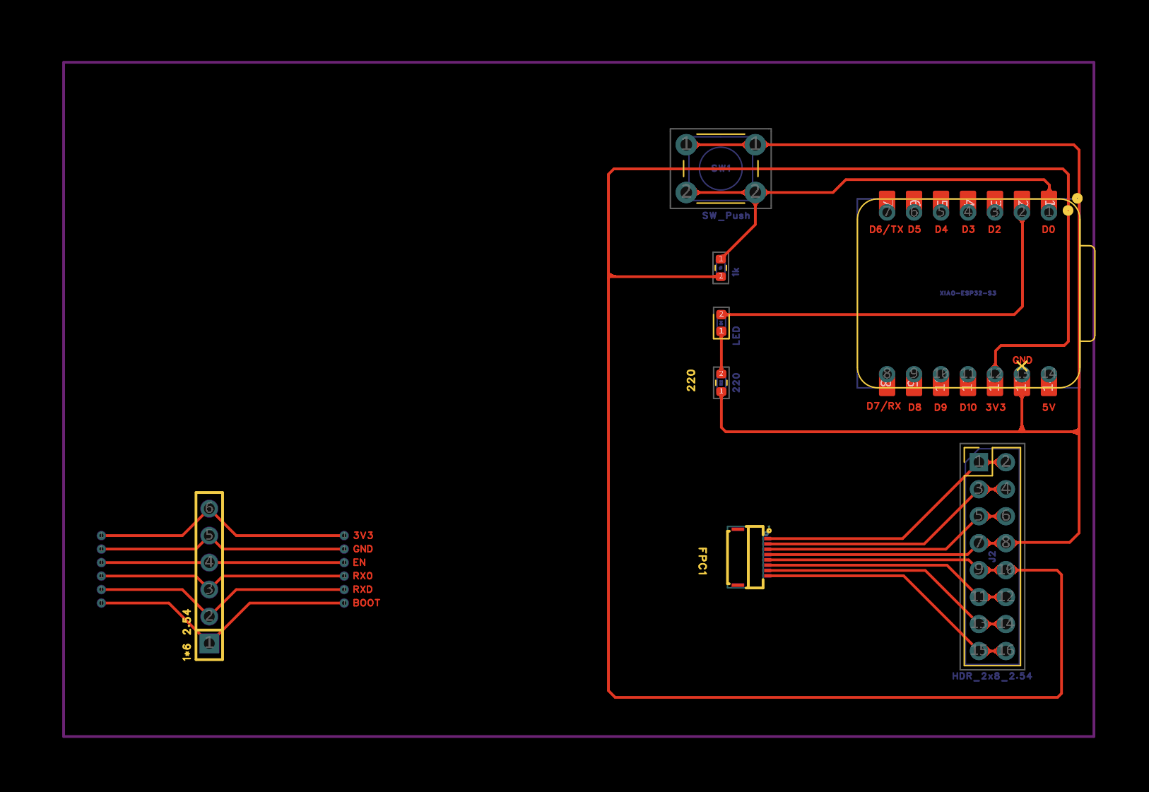 Second revision PCB layout: smaller FPC, 1x6 header, XIAO ESP32-S3 carrier for Nanostat programming pads