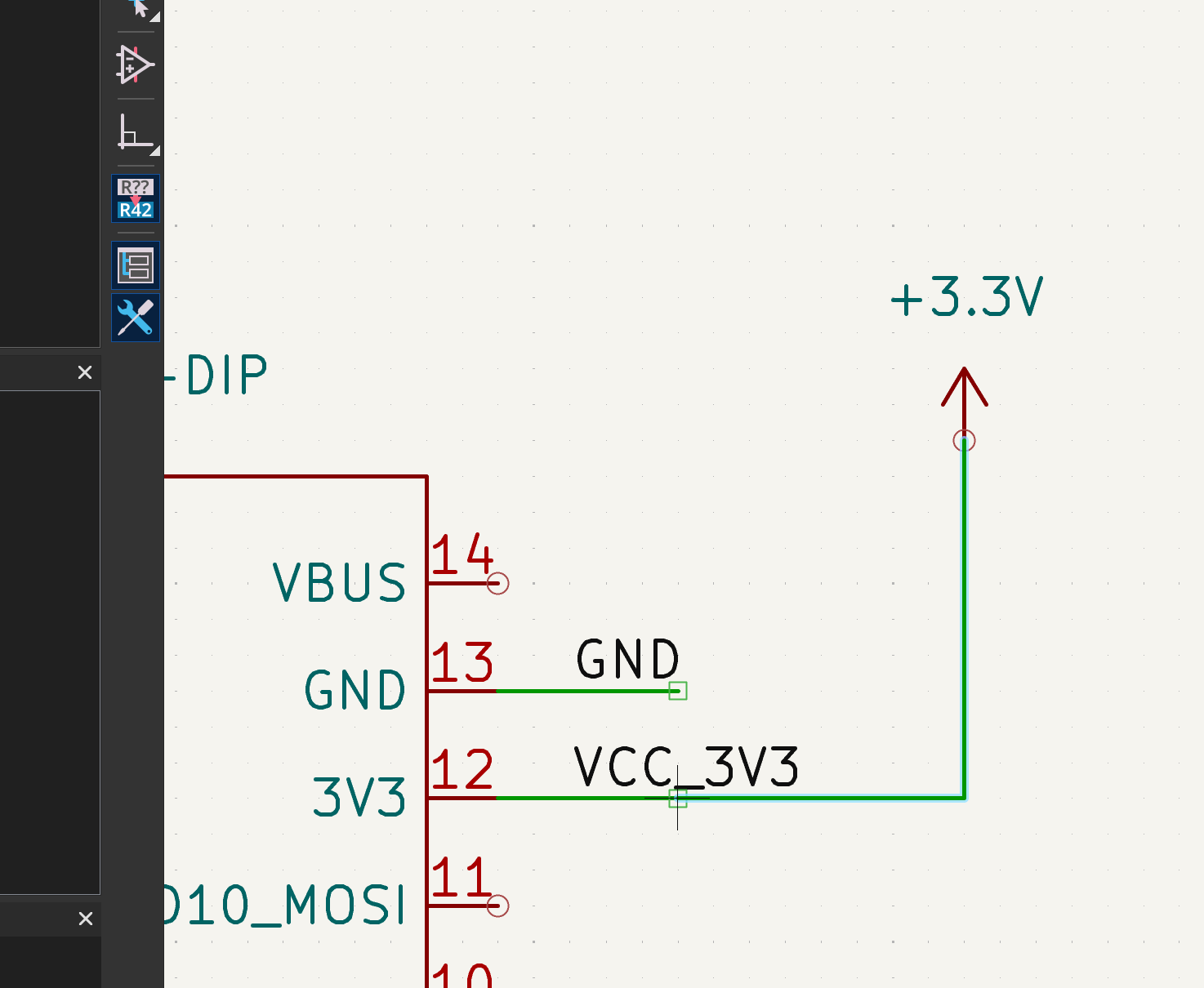 KiCad schematic: 3V3 power symbol wired to component pins