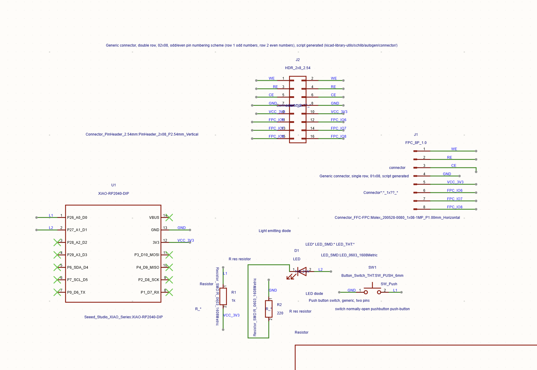 KiCad schematic: XIAO RP2040 with switch, LED, FPC and header for display bus