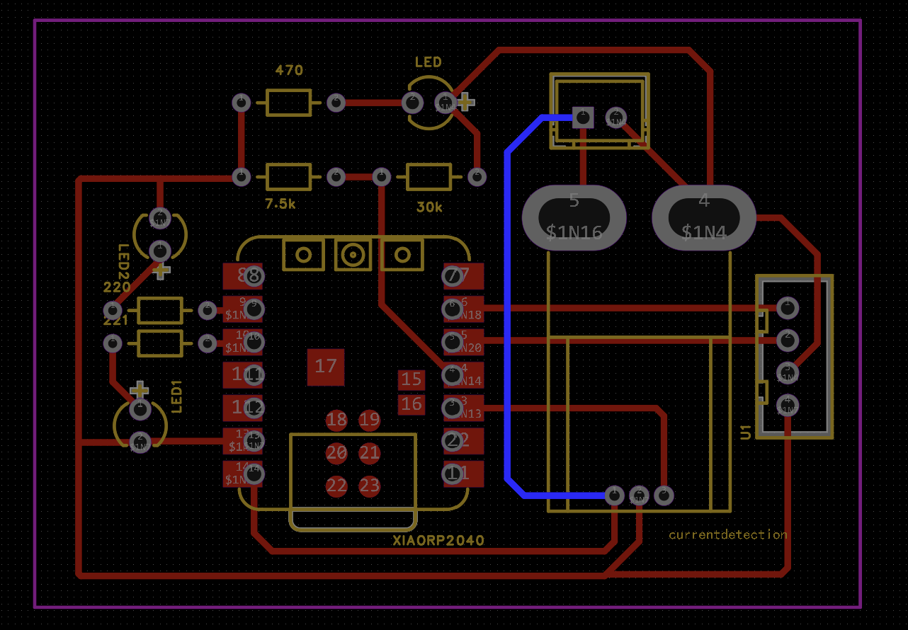 EasyEDA 2-layer PCB layout of the charging dock with XIAO RP2040 footprint and currentdetection label