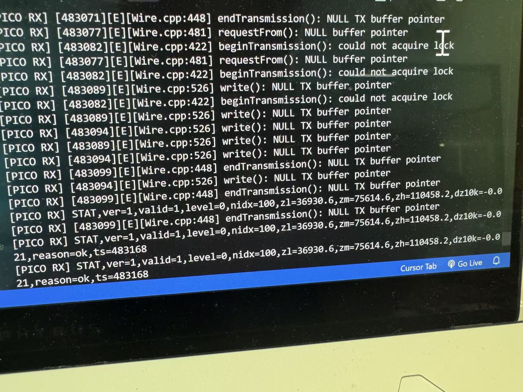 Serial monitor showing XIAO receiving PICO RX STAT lines over UART