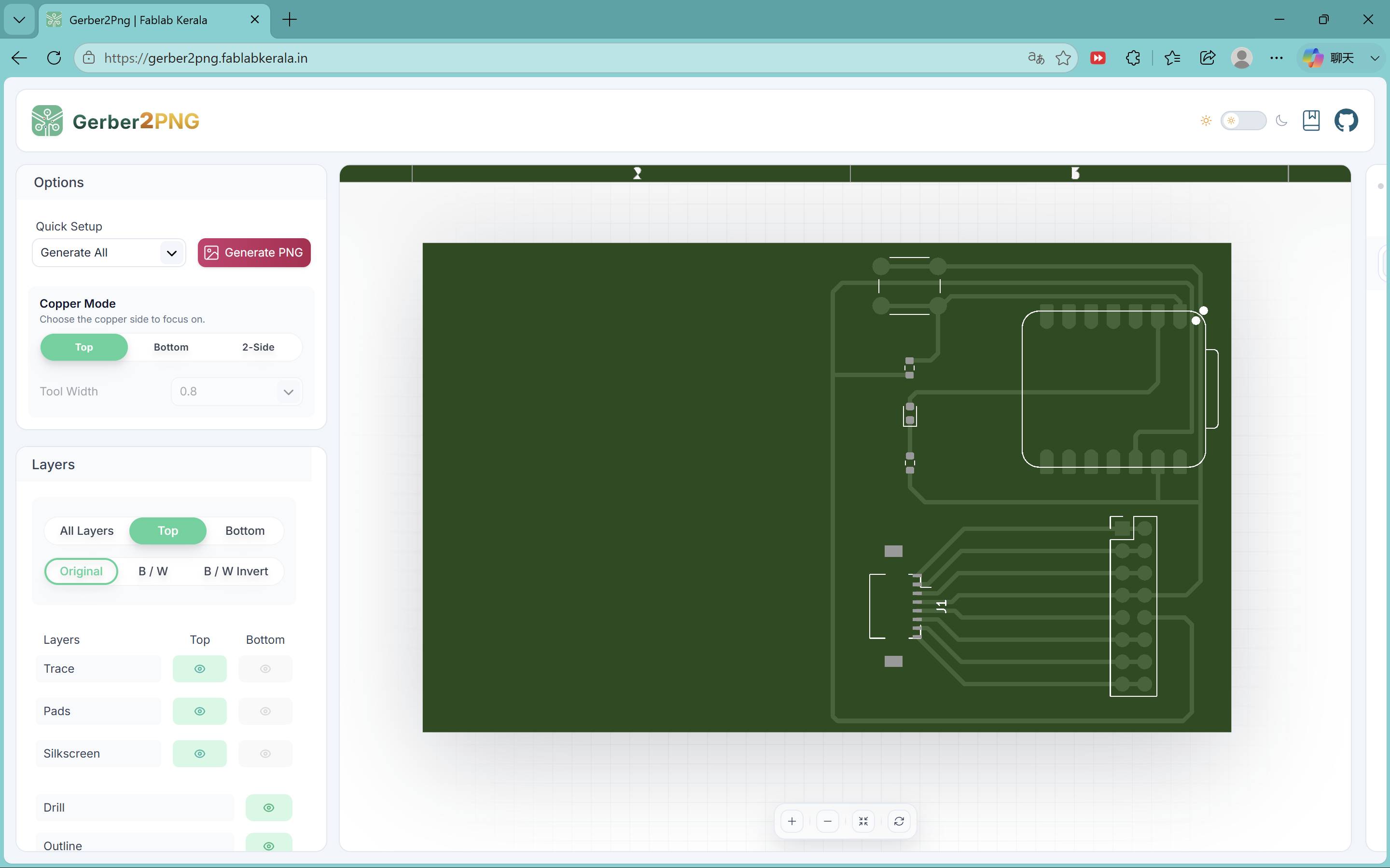 Gerber2PNG web tool preview of the Week 6 carrier top copper and outline