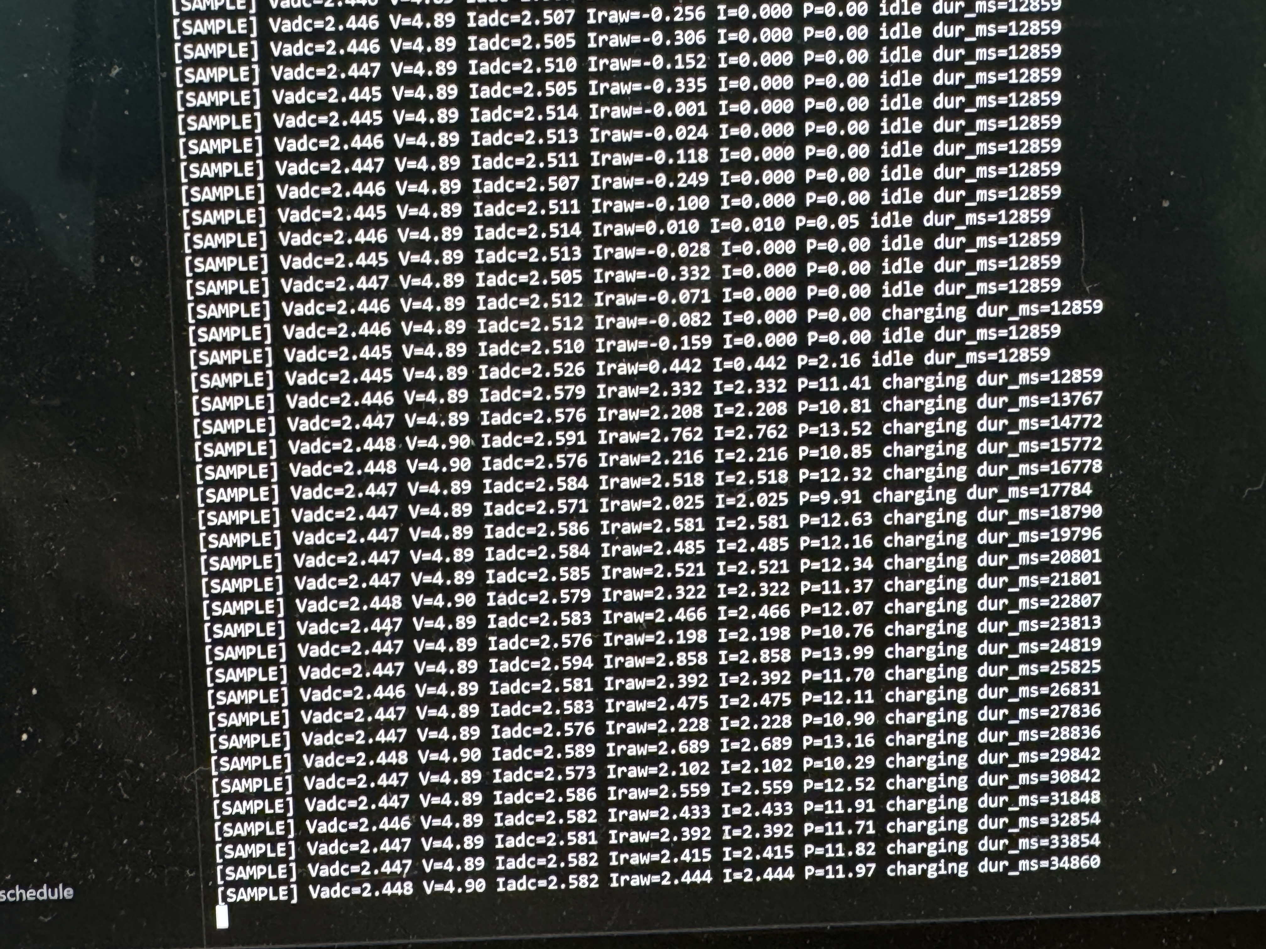 Close-up of serial monitor sample lines with Vadc V Iadc I P and dur_ms fields