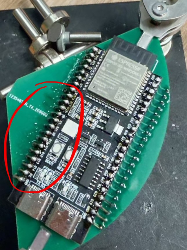 Annotated WROOM PCB solder pads showing where the TFT display wires connect