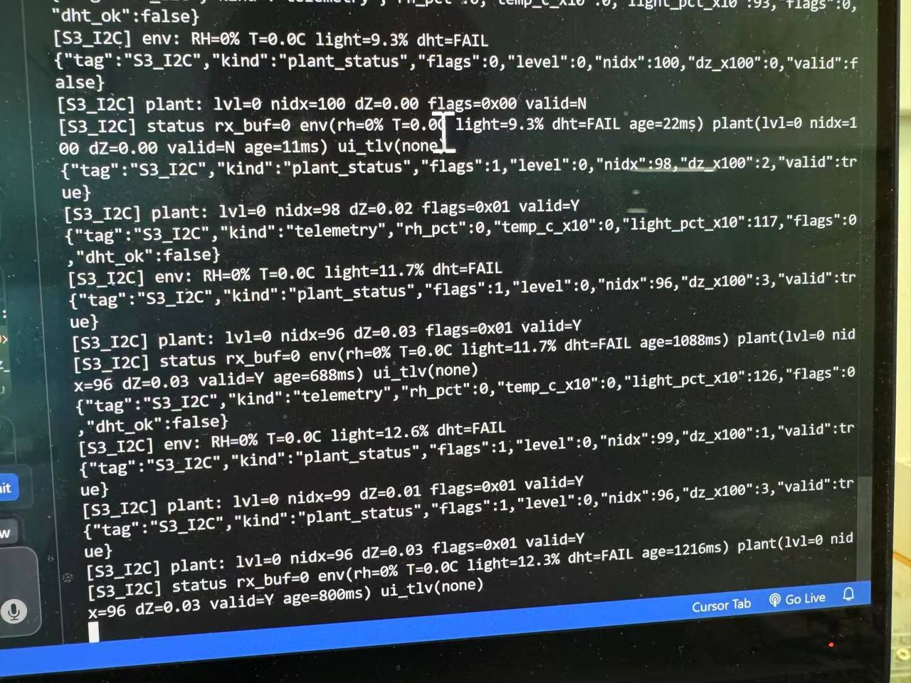 Serial monitor on XIAO showing S3_I2C plant_status and telemetry JSON with valid plant flags and env packets to slave 0x55