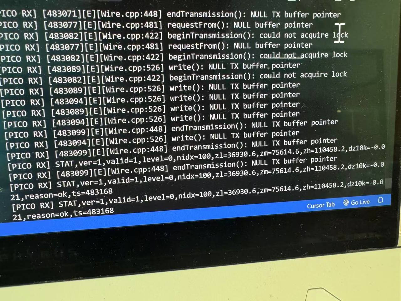 Serial monitor on XIAO showing PICO RX lines with STAT fields and reason=ok after UART from Pico NanoStat