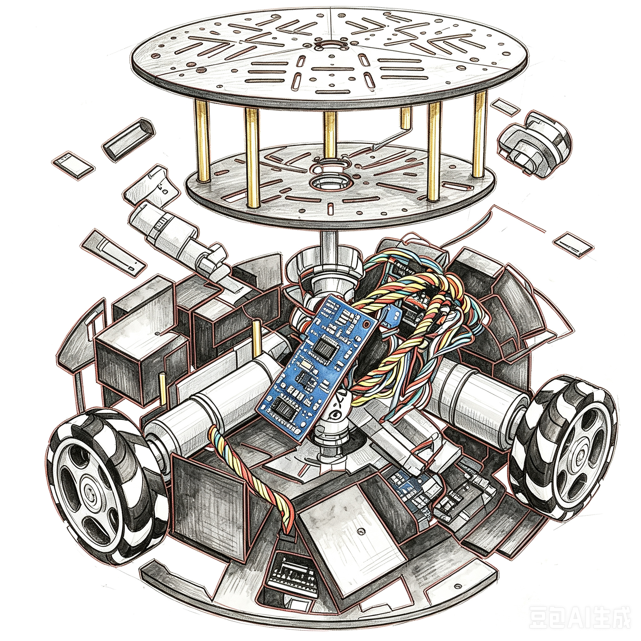 Exploded concept of holonomic robot chassis layers and electronics volume