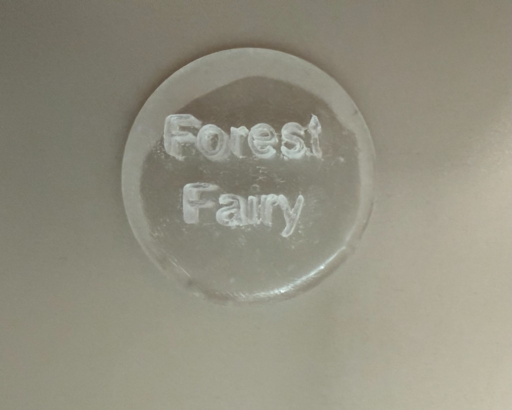 Finished crystal epoxy cast disc with forest fairy lettering