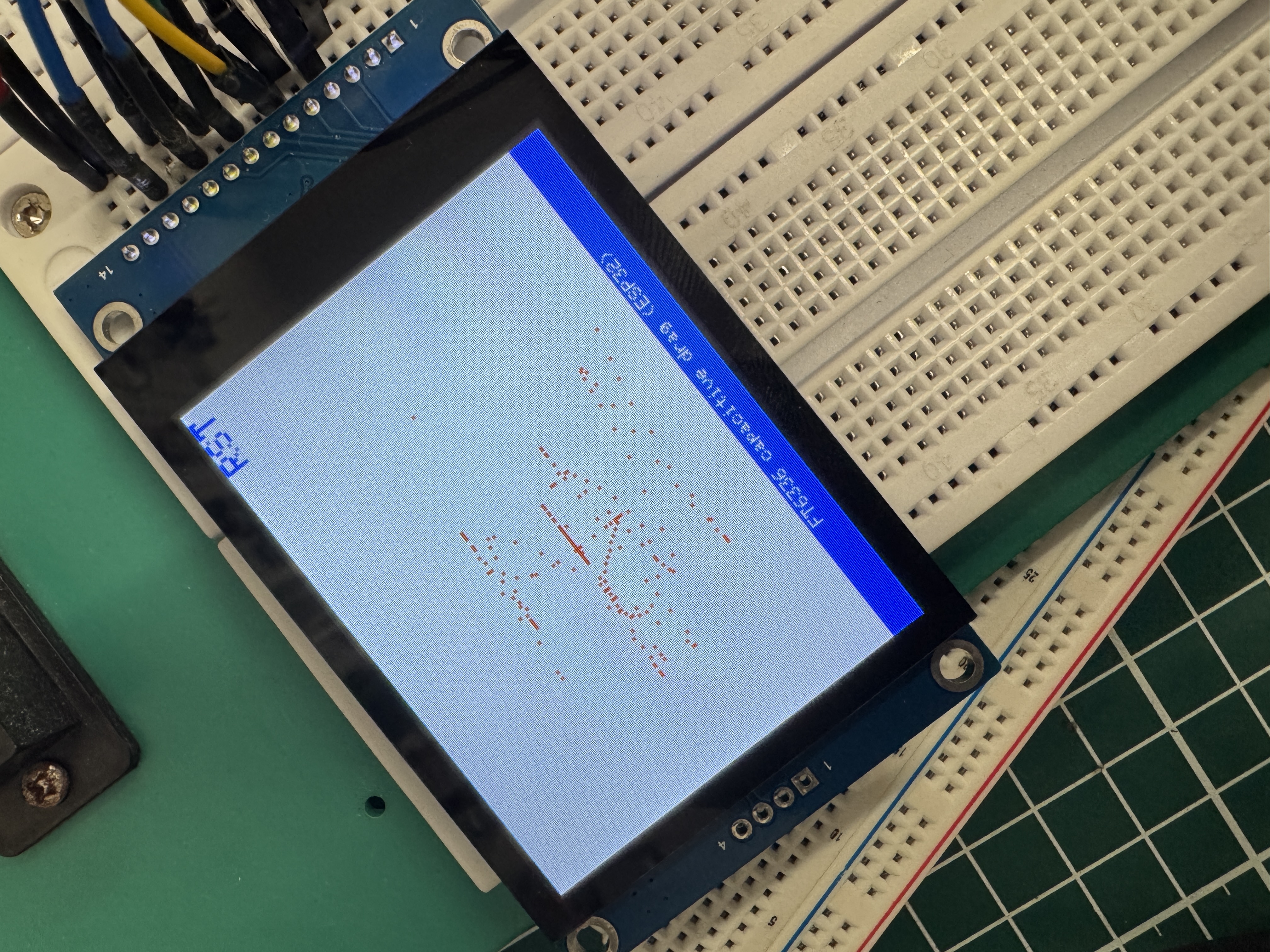 Red finger-drawn trails on the white LCD background