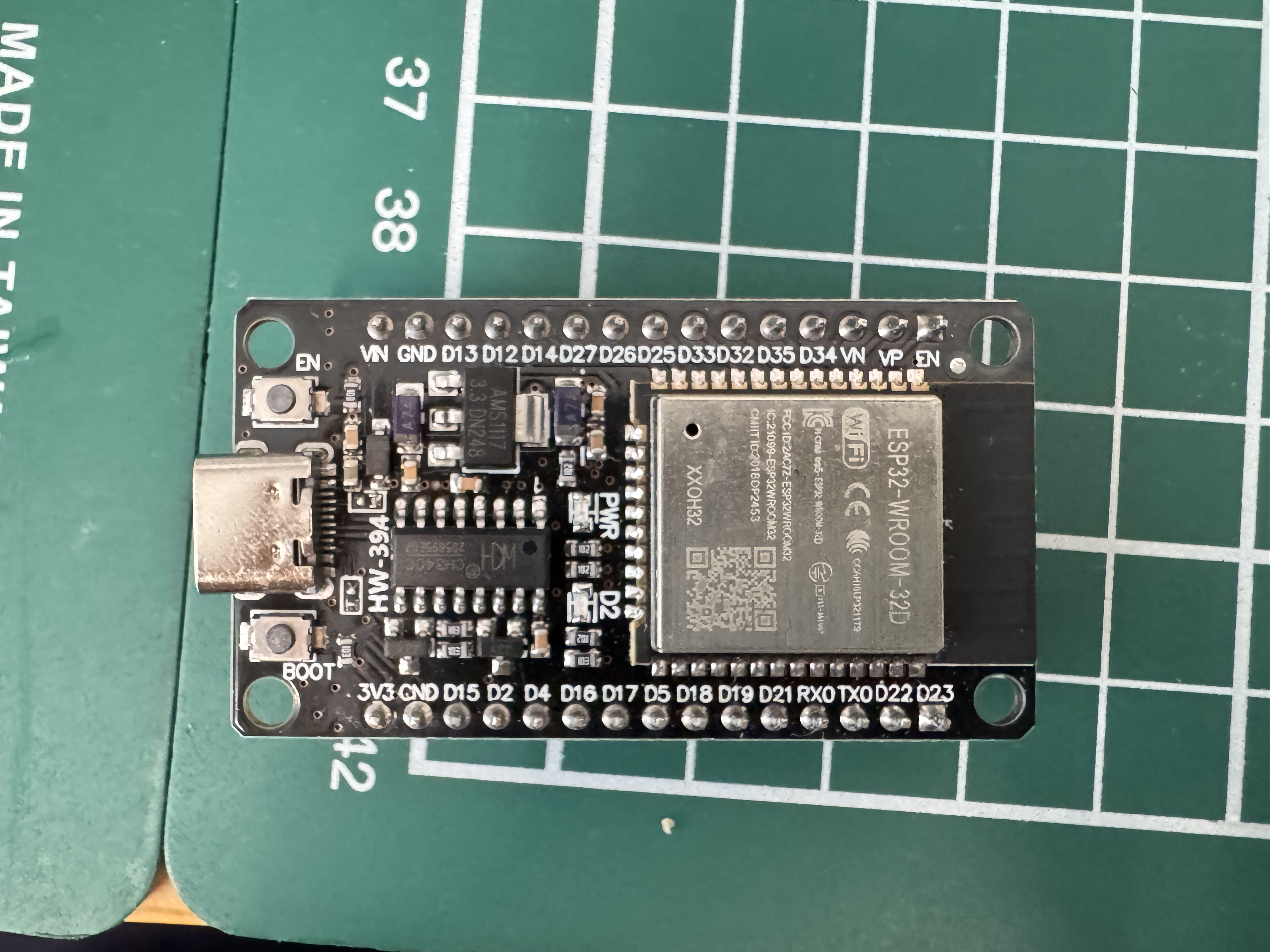 ESP32-WROOM-32D module on the bench