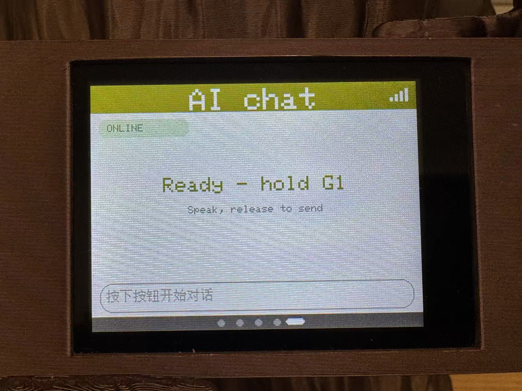 AI chat page on the ILI9341 TFT showing dialogue with the forest spirit assistant