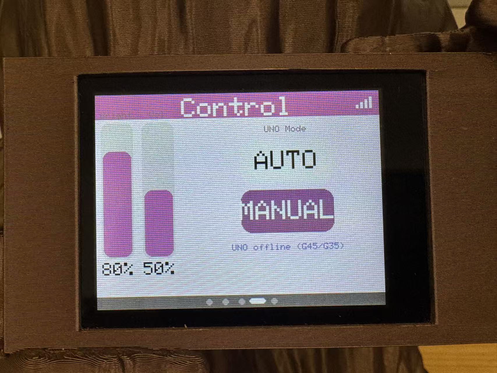 CONTROL page on the ILI9341 TFT with brightness volume sliders and mode buttons