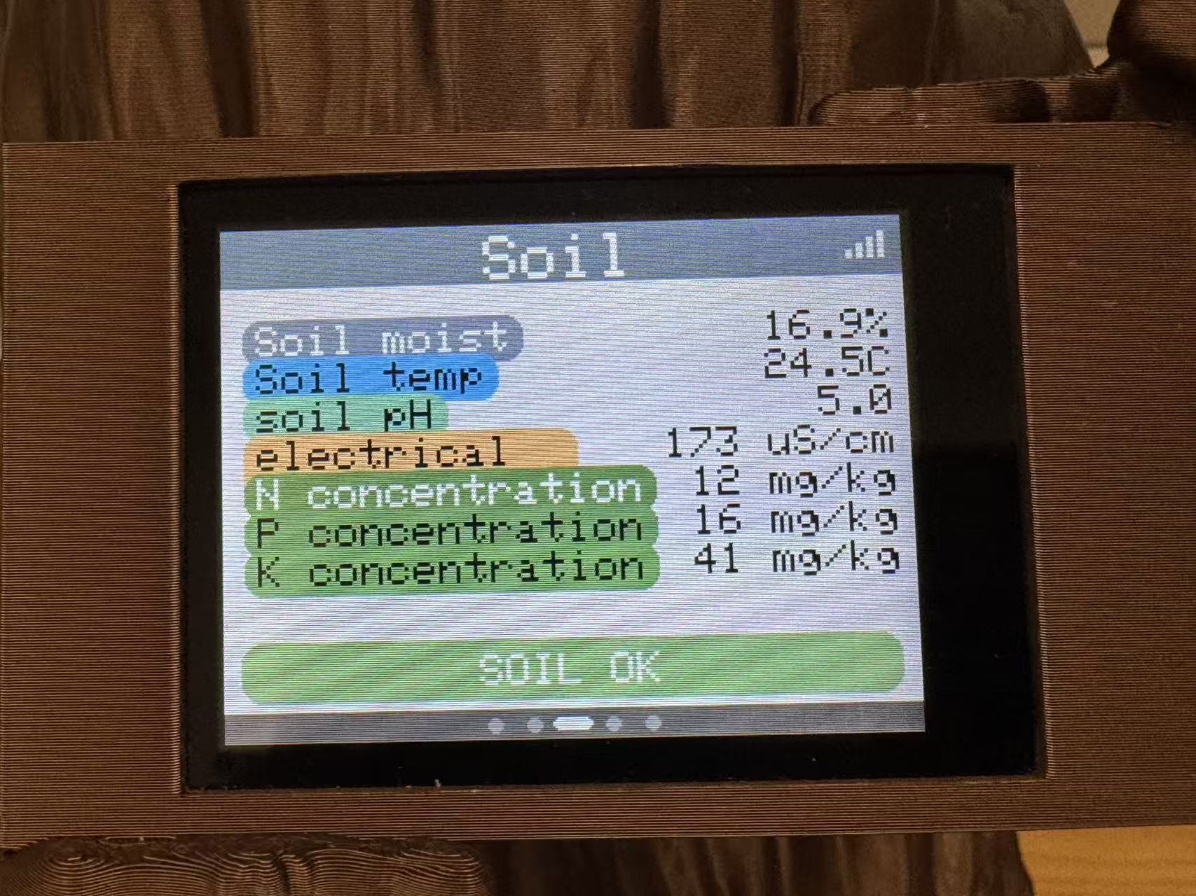 SOIL page on the ILI9341 TFT showing soil sensor metrics