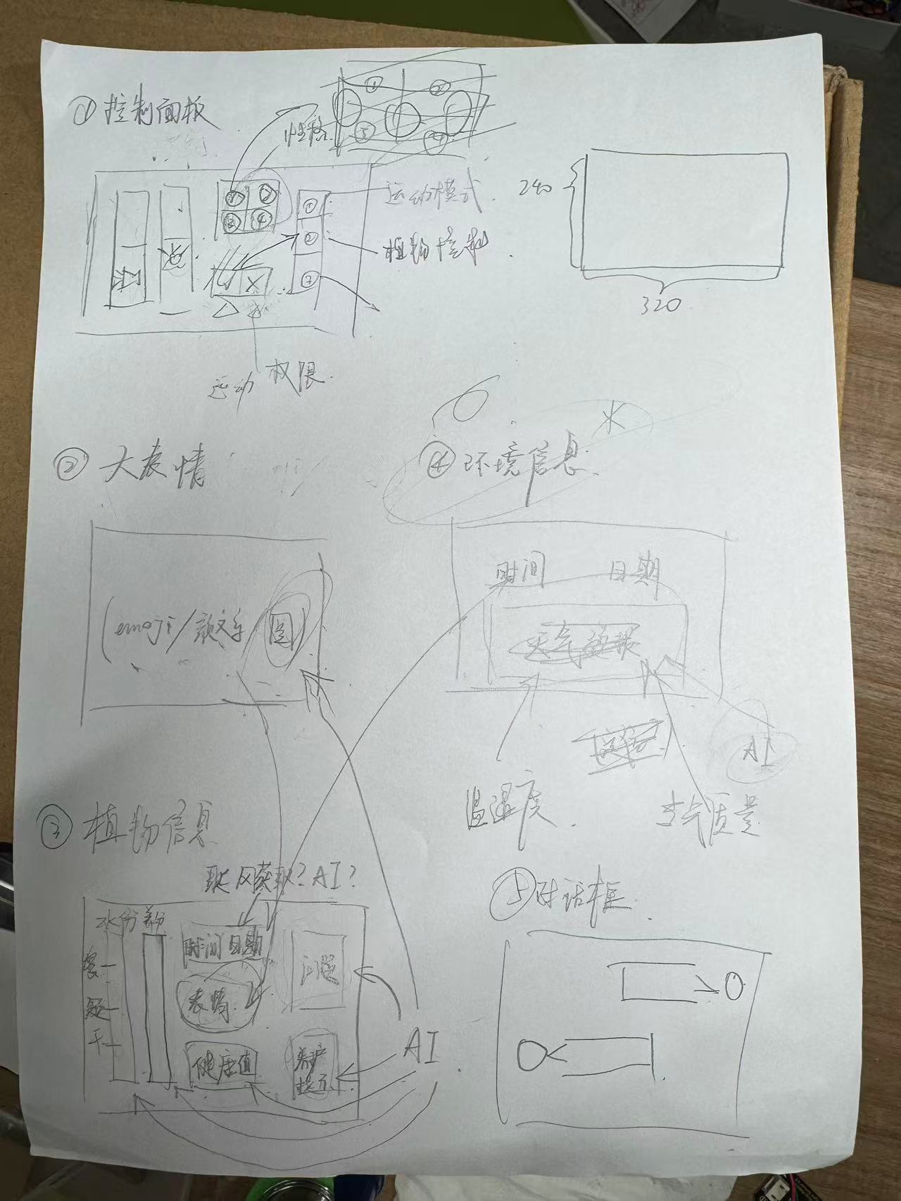 Hand-drawn wireframe for the smart plant companion LCD UI