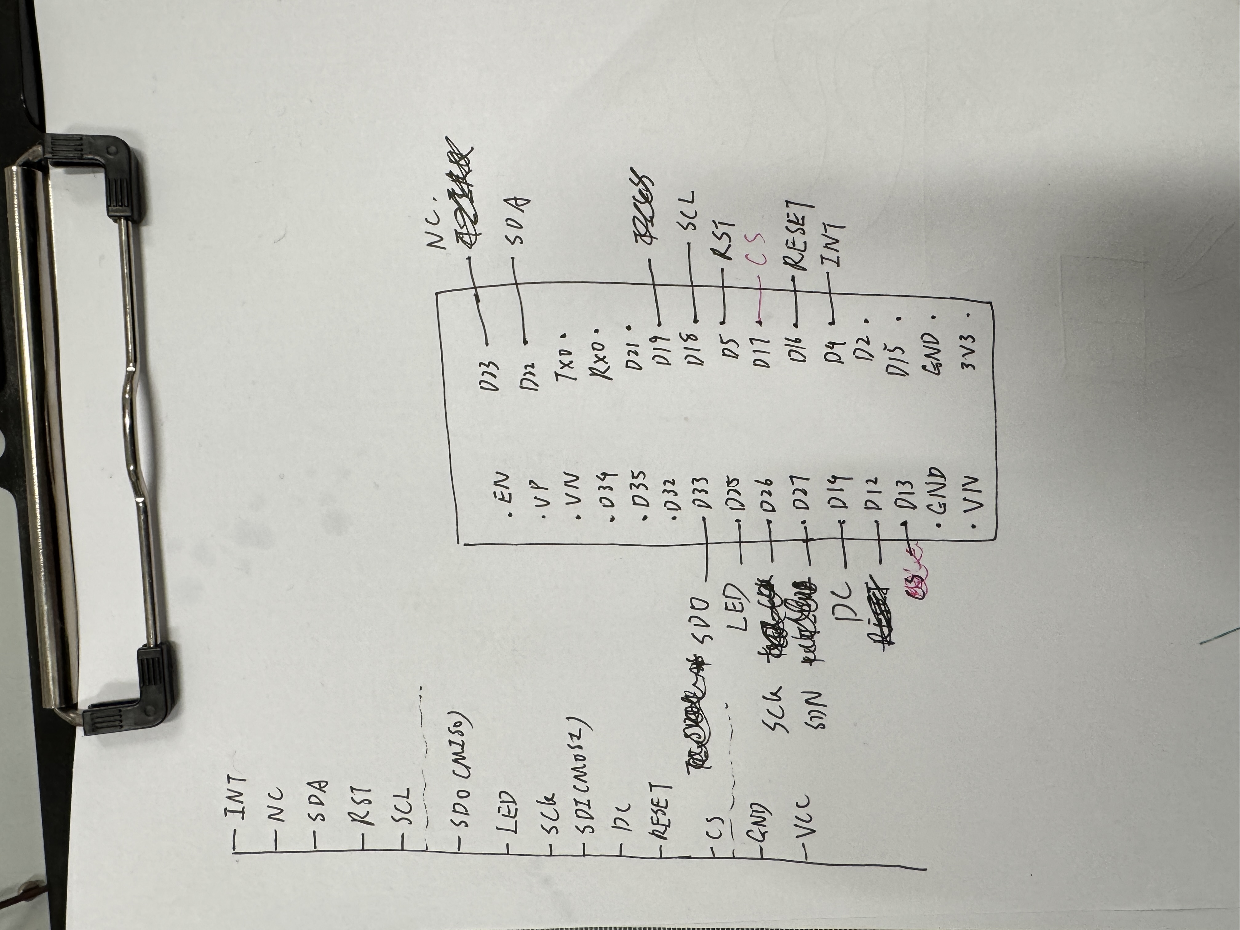 Handwritten GPIO plan mapping SPI, reset, backlight, and touch I2C