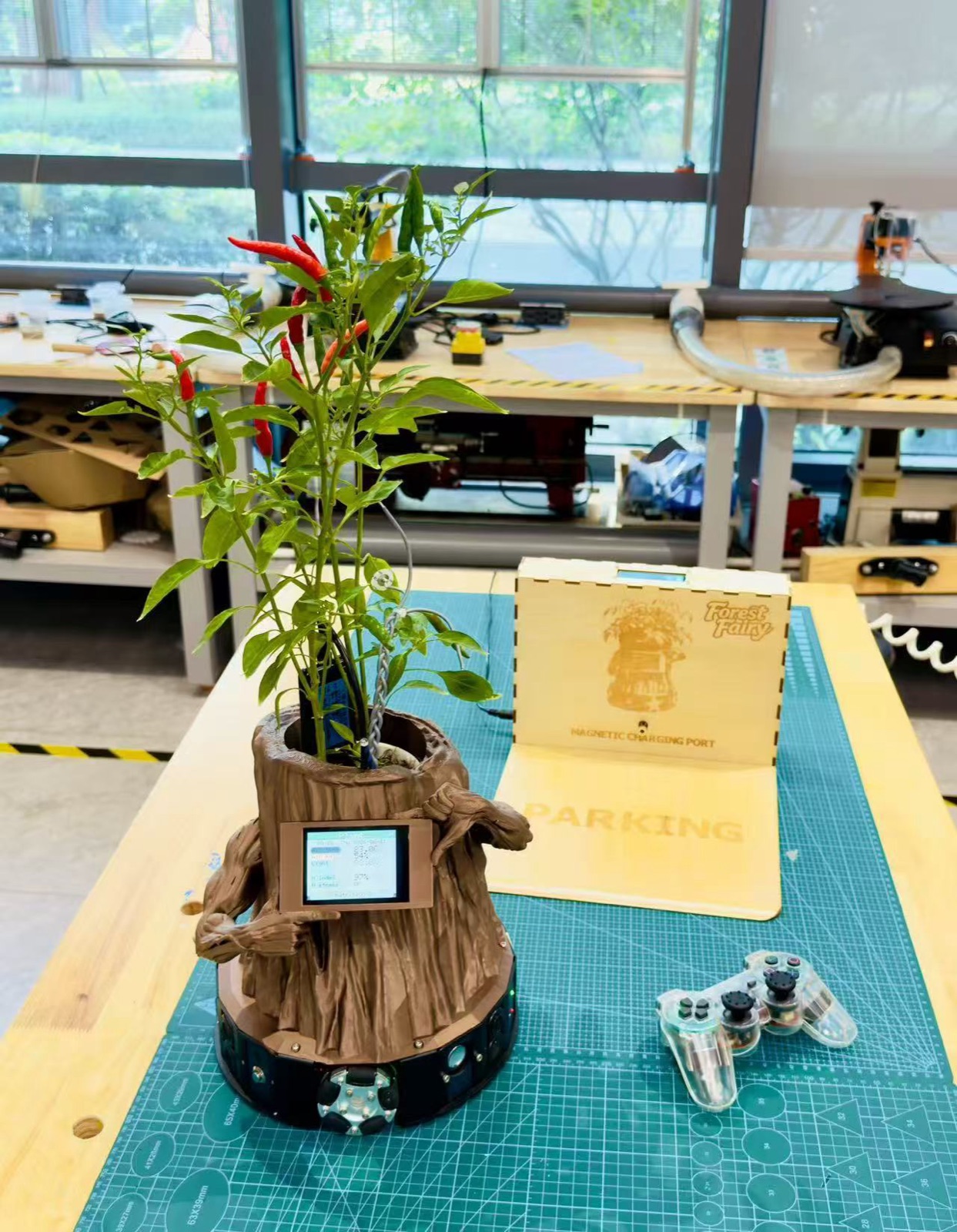 Finished Forest Fairy front view with the display integrated into the body