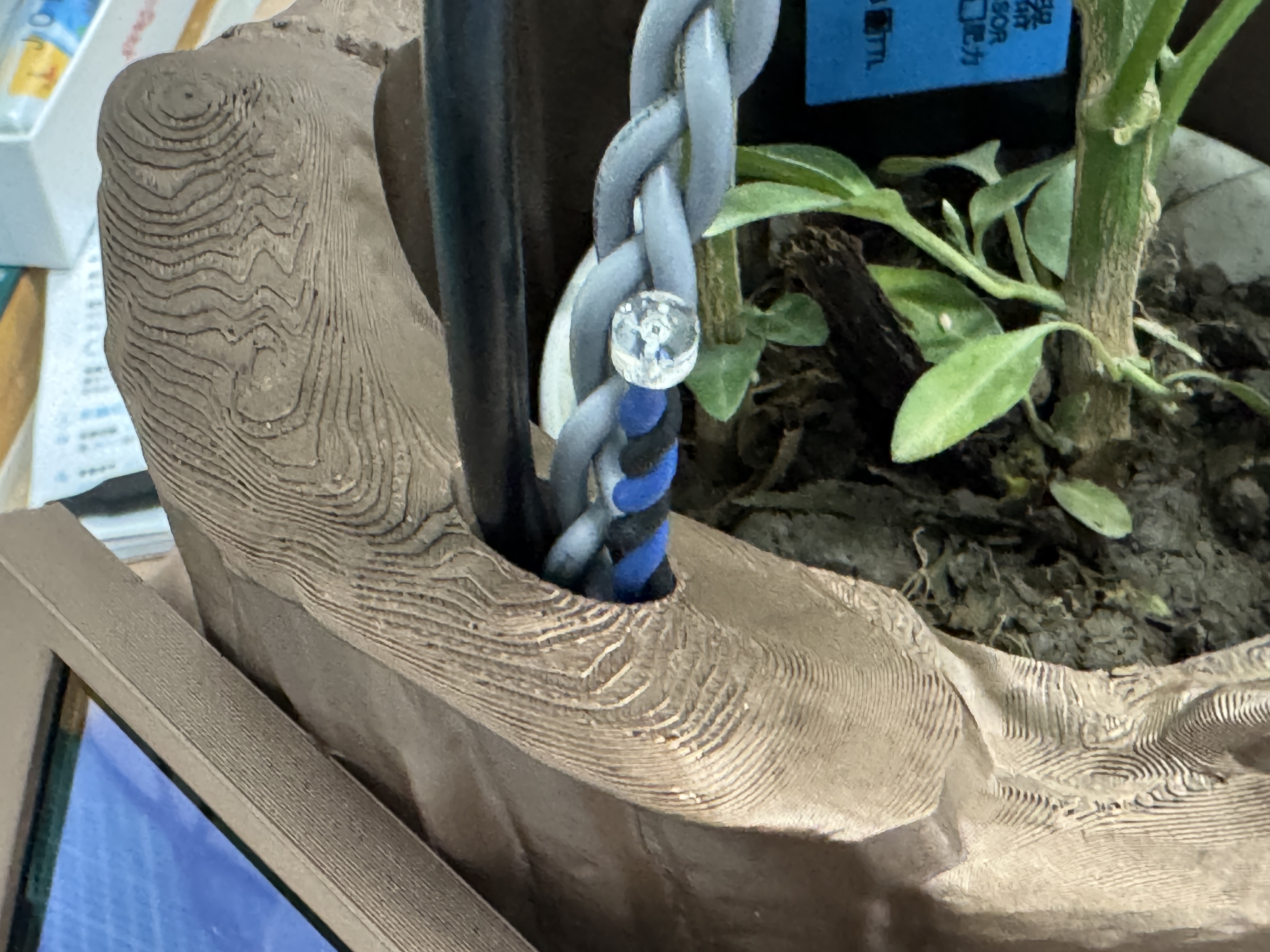 Light sensor, soil sensor, and impedance sensor wires routed upward from the plant pot