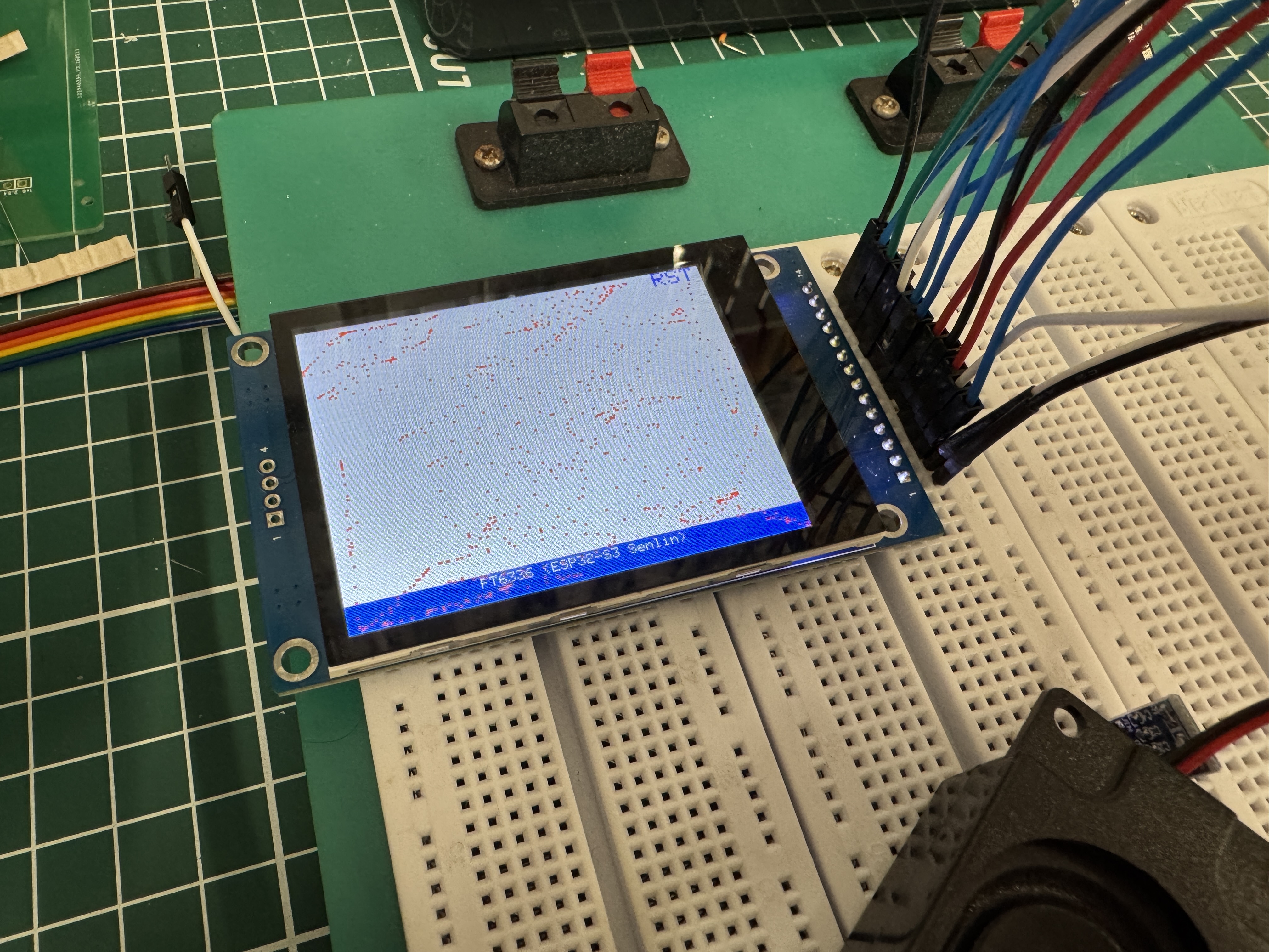 Bench setup while re-debugging ILI9341 capacitive touch and display wiring after reconnection